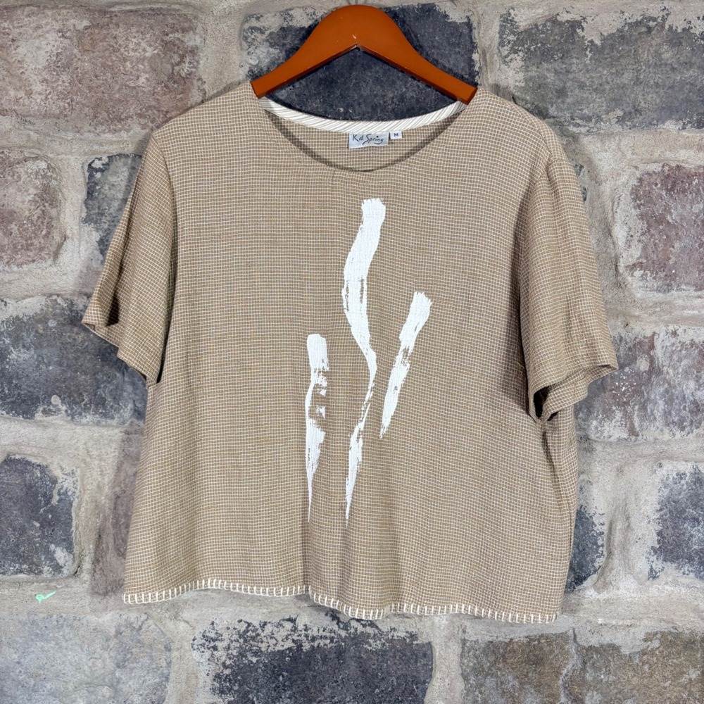 VTG K.D. Spring Womens Tan Grid Abstract Art Boxy Linen Blend Top Made in USA M